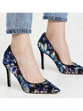 Sam Edelman Hazel Stiletto Pointy Toe Black Multi-Colored Sequin Pumps, Size 8